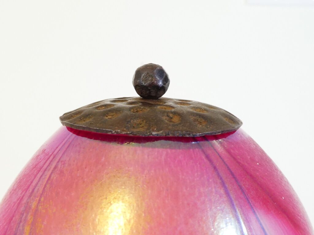 Art deco wrought iron lamp and speckled glass tulip