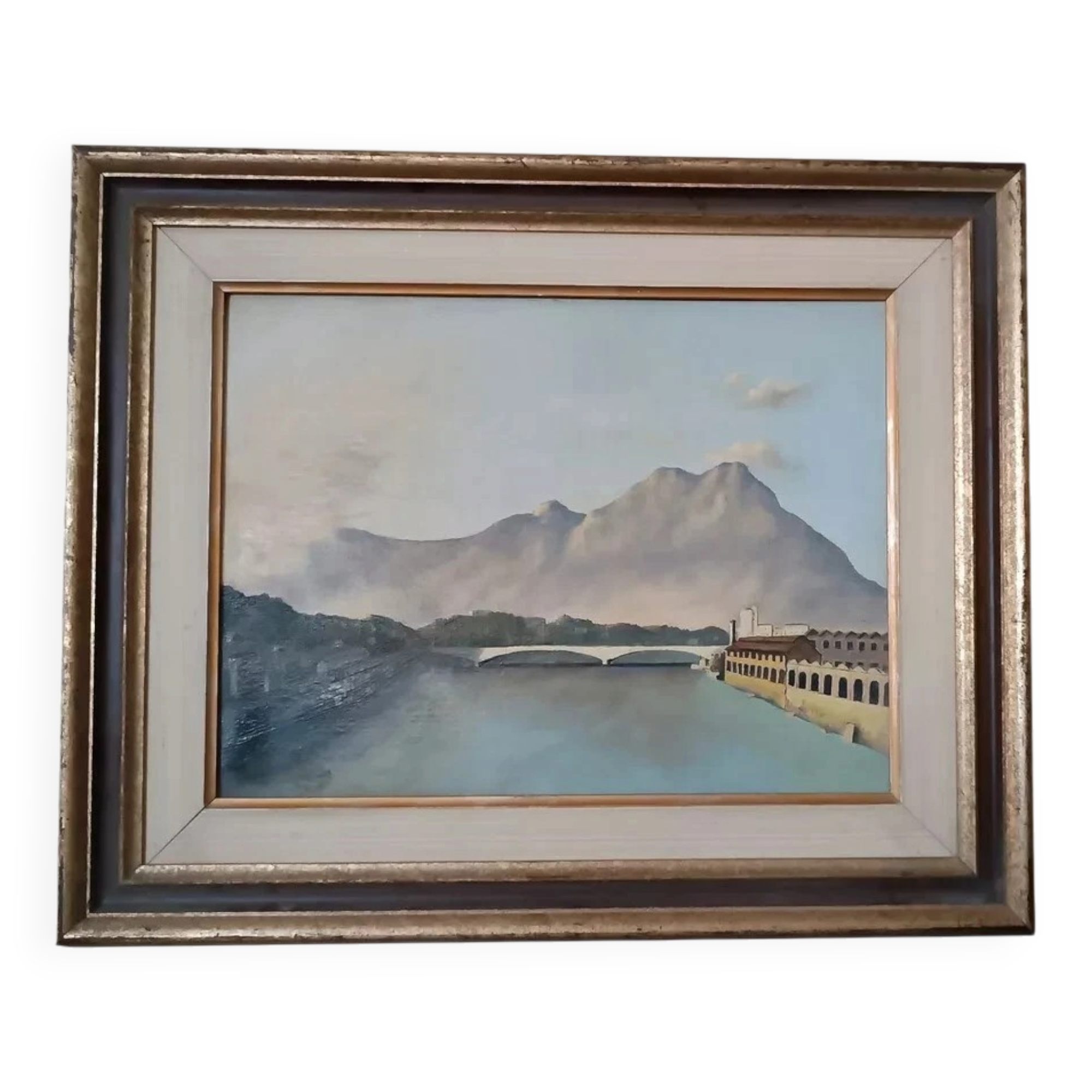 Oil painting on canvas board, 1950s, signed NAVA, lake, river.