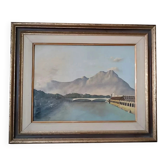 Peinture à l'huile sur panneau de toile, années 1950, signée NAVA, lac, riv