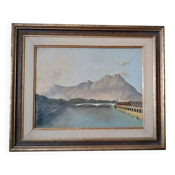 Oil painting on canvas board, 1950s, signed NAVA, lake, river.