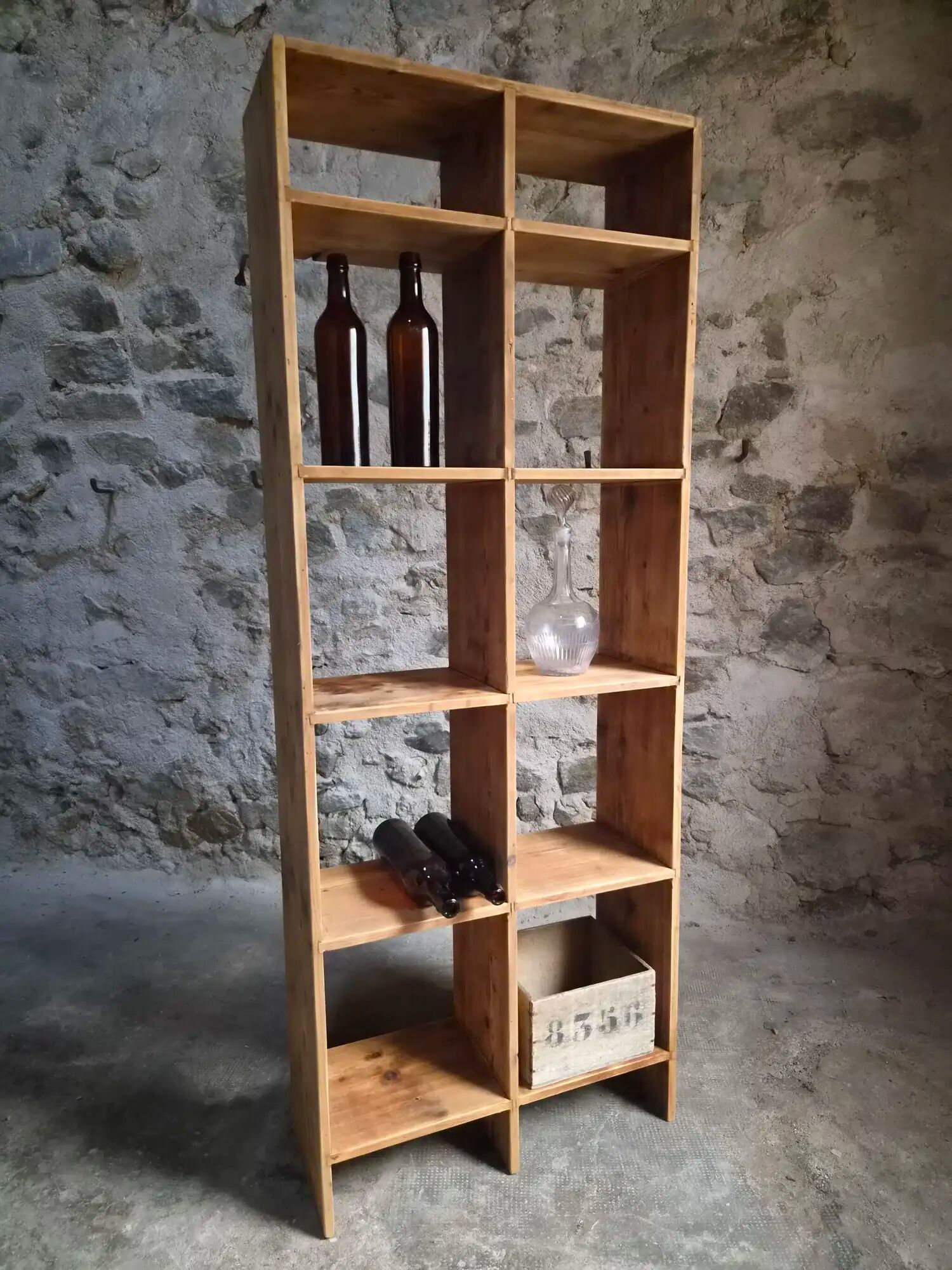 Vintage pine shelf with compartments, room divider, 1950s.