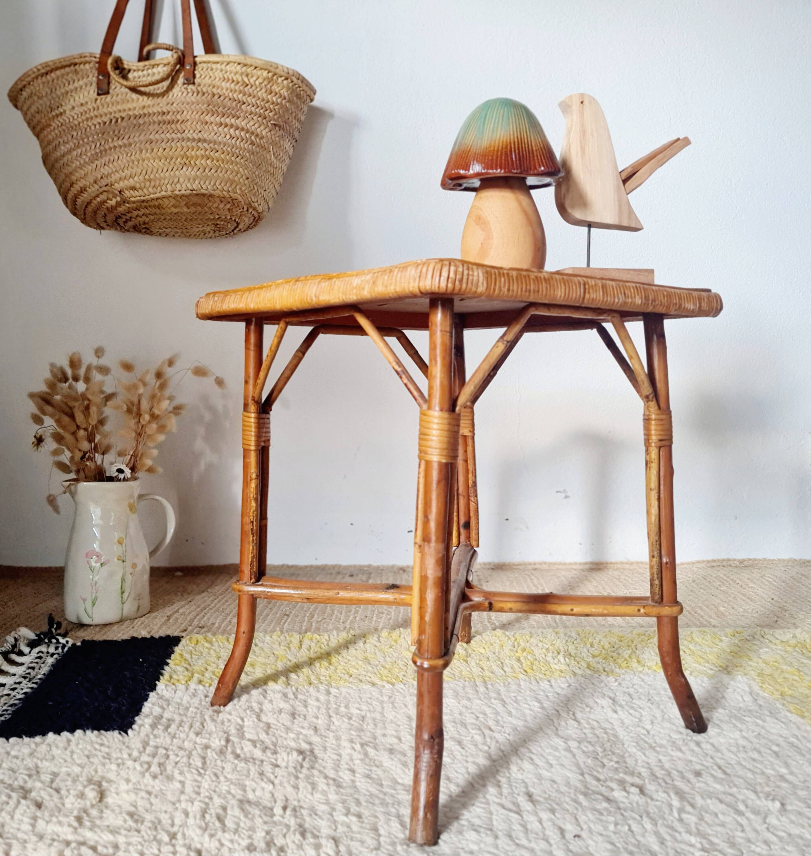Vintage rattan stool or side table – 1960s Riviera style