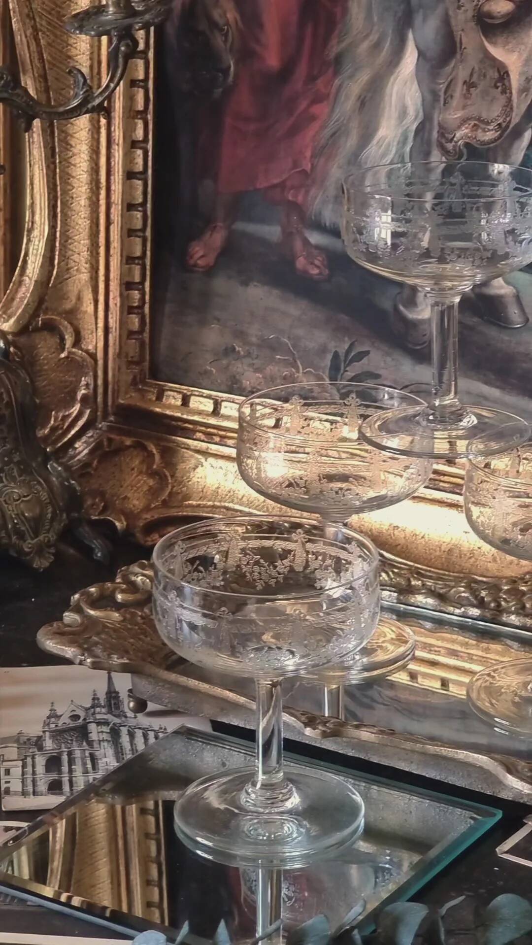 Engraved crystal champagne coupes