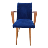 Ancien fauteuil bois et velours bleu pieds compas vintage