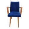 Ancien fauteuil bois et velours bleu pieds compas vintage