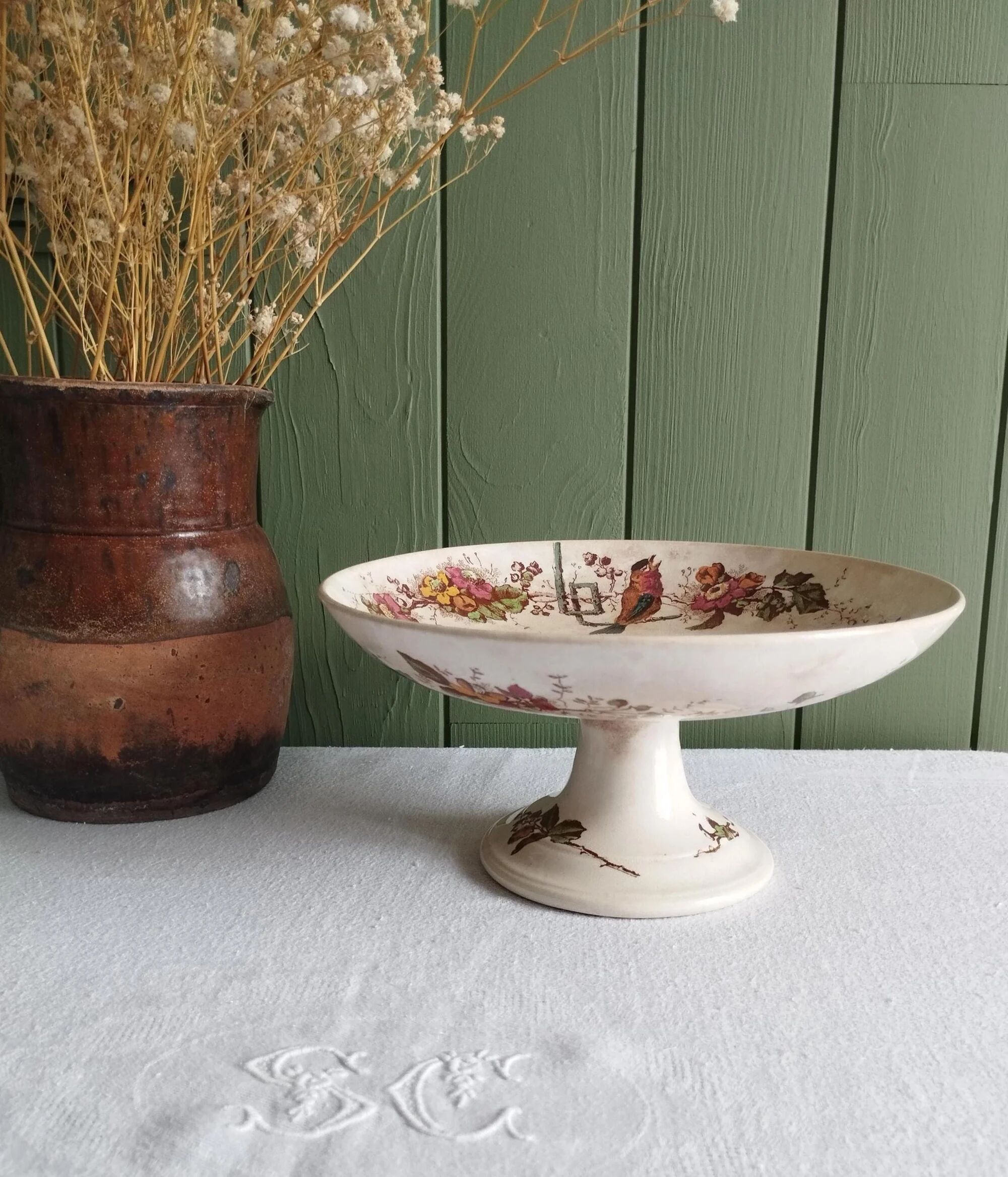 Ironstone compote E. Bourgeois Grand Dépôt Birds