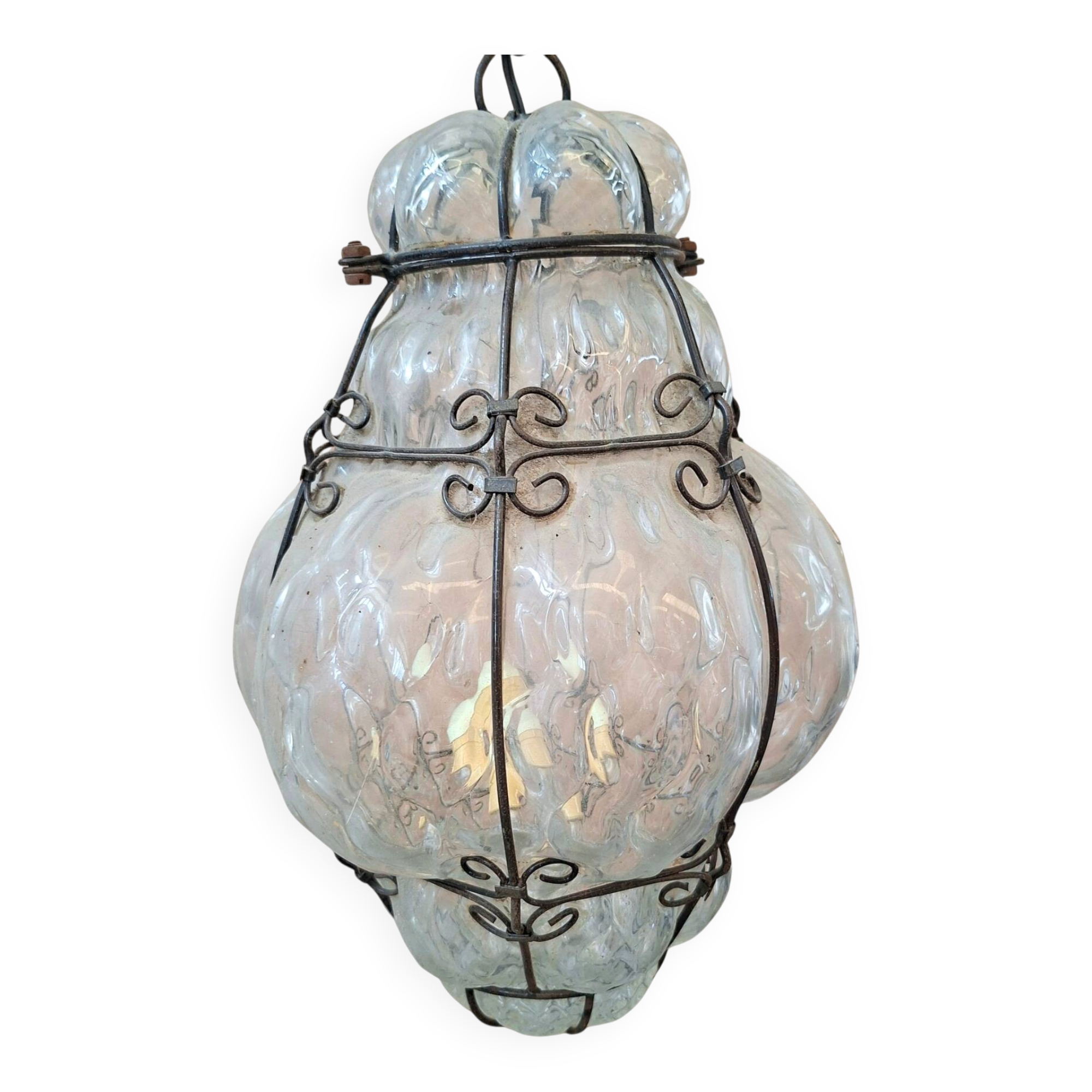 Suspension Vintage en Verre Soufflé et Fer Forgé