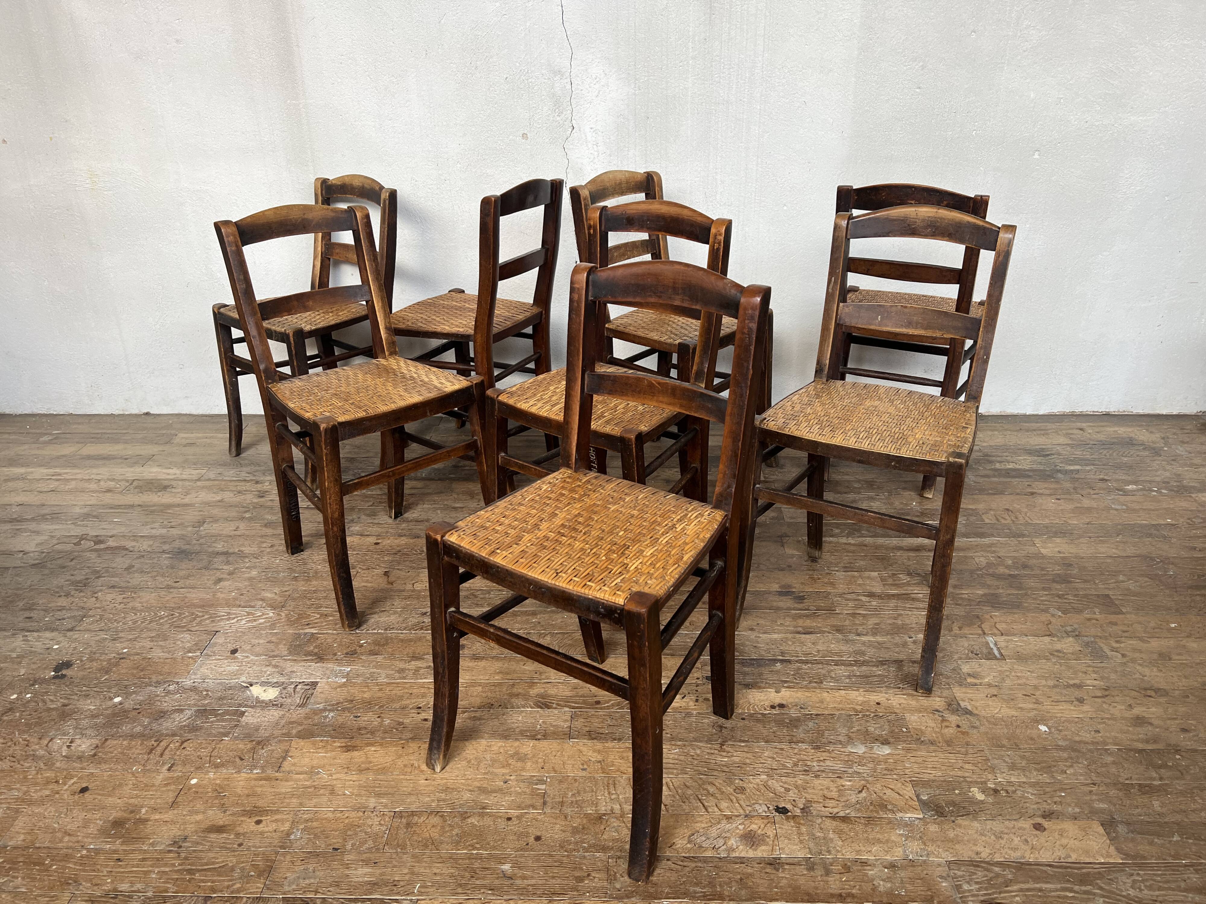 Series of 8 vintage bistro chairs early 20th wood and straw