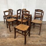 Series of 8 vintage bistro chairs early 20th wood and straw