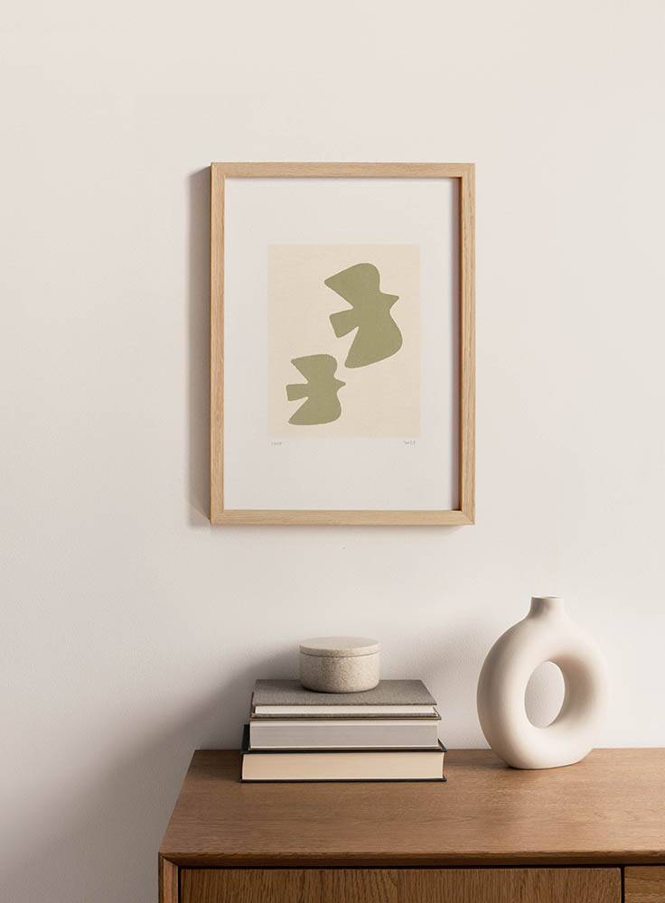 Painting on paper - Birds - sage green - signed Eawy