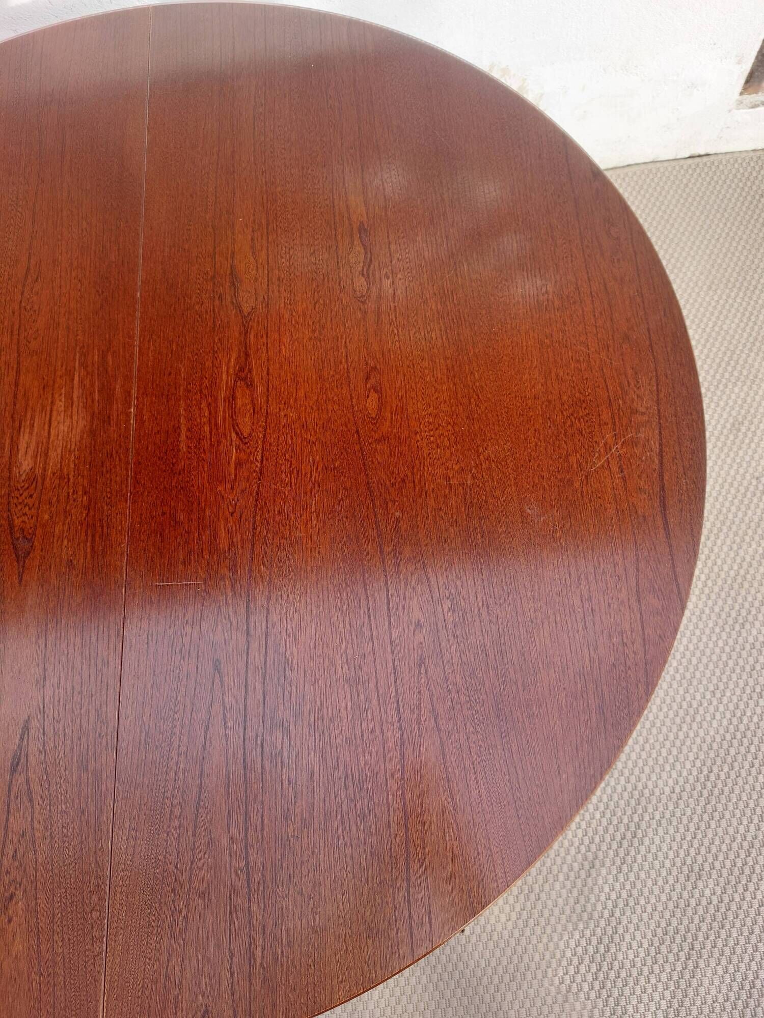 round/oval table with extension, central leg, dark shade, Baumann design