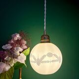 Vintage globe pendant light in white opaline with gold designs