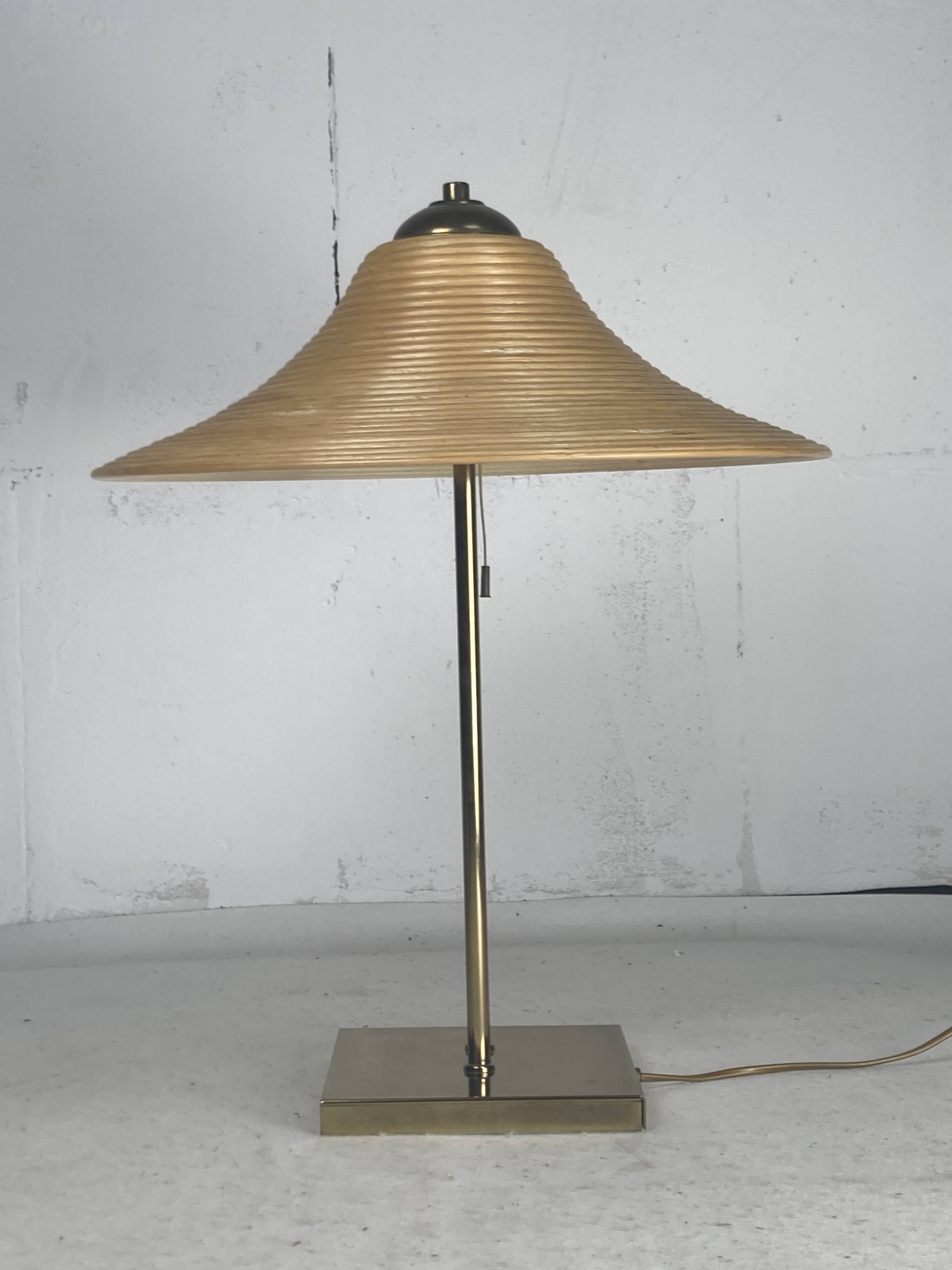 Brass and pencil reed rattan table lamp, Italy 1970s