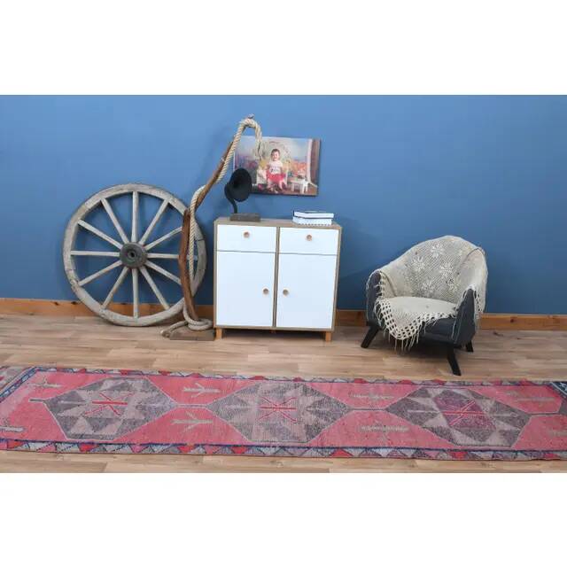 Pink Vintage Turkish Oushak Handmade Wool Tribal Runner Rug 85x378