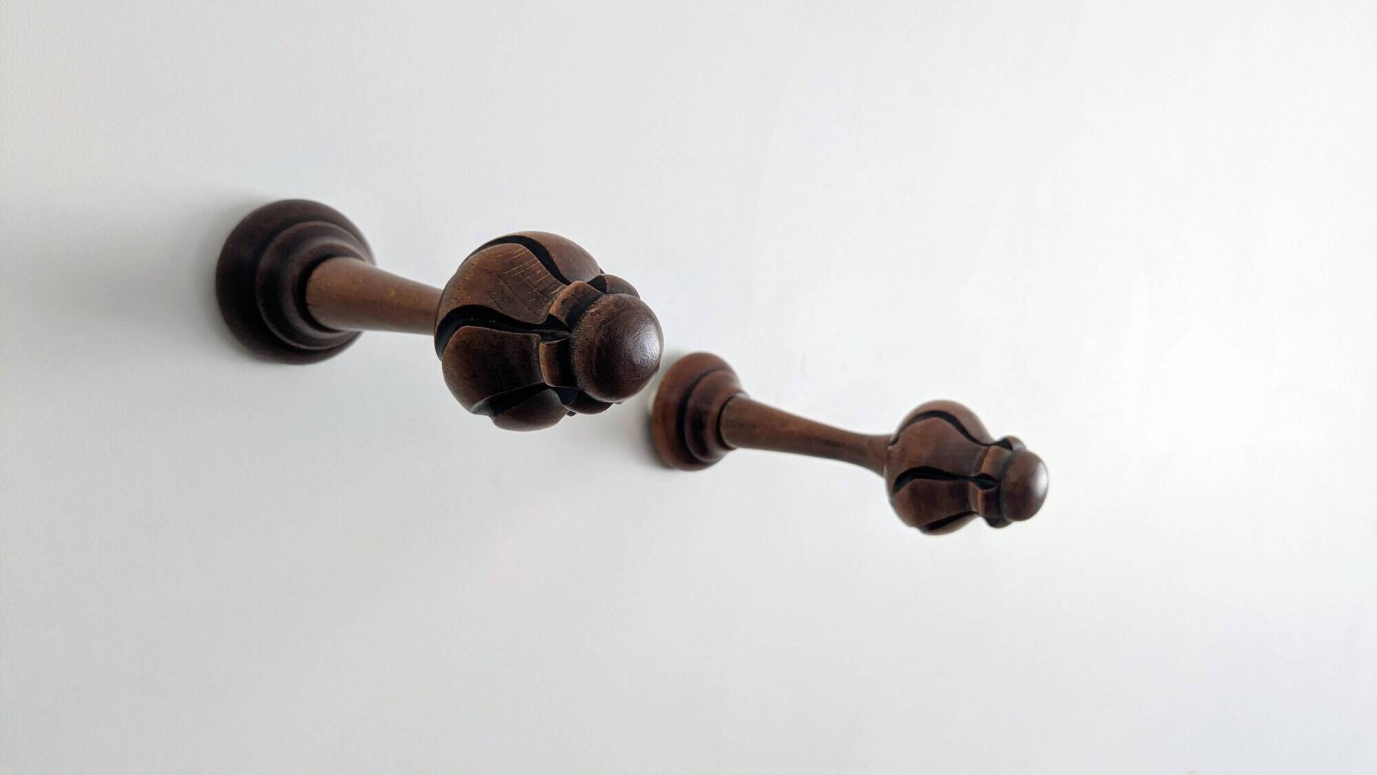 Pair of vintage turned wood coat hooks – sculpted knobs