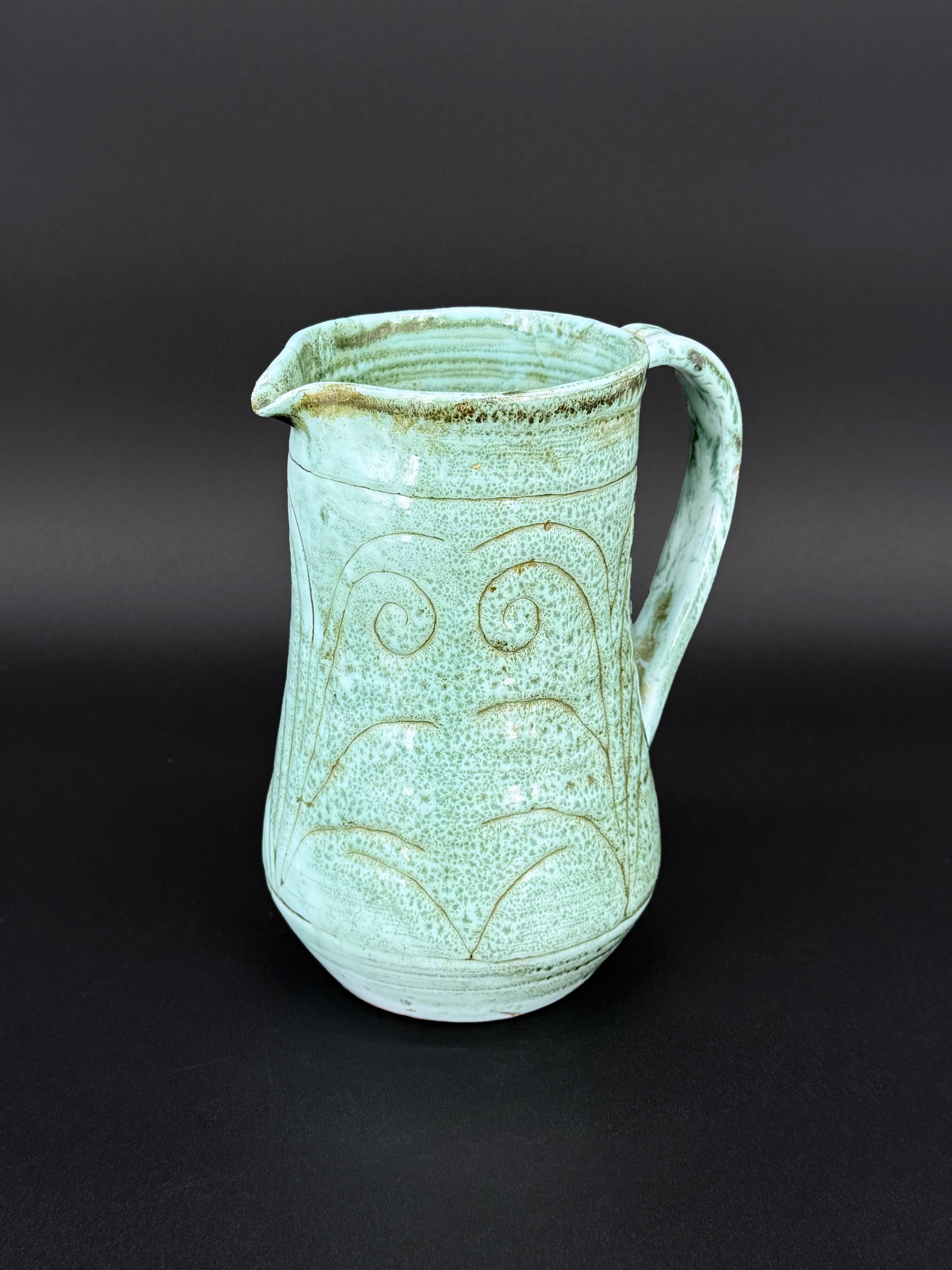 Turquoise green glazed stoneware pitcher – signed, France, 1970