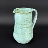 Turquoise green glazed stoneware pitcher – signed, France, 1970