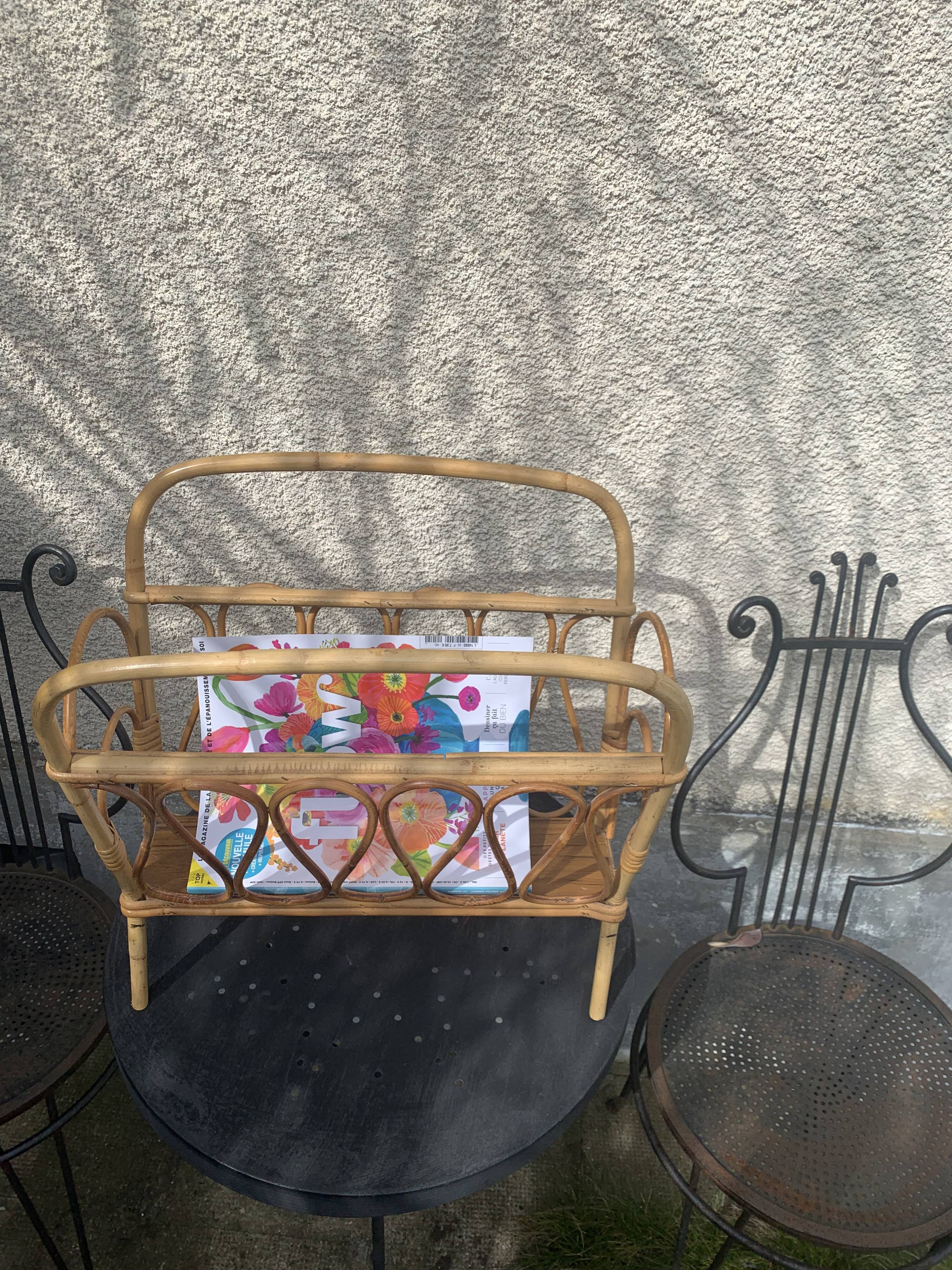 Vintage bamboo and rattan magazine holder 1960