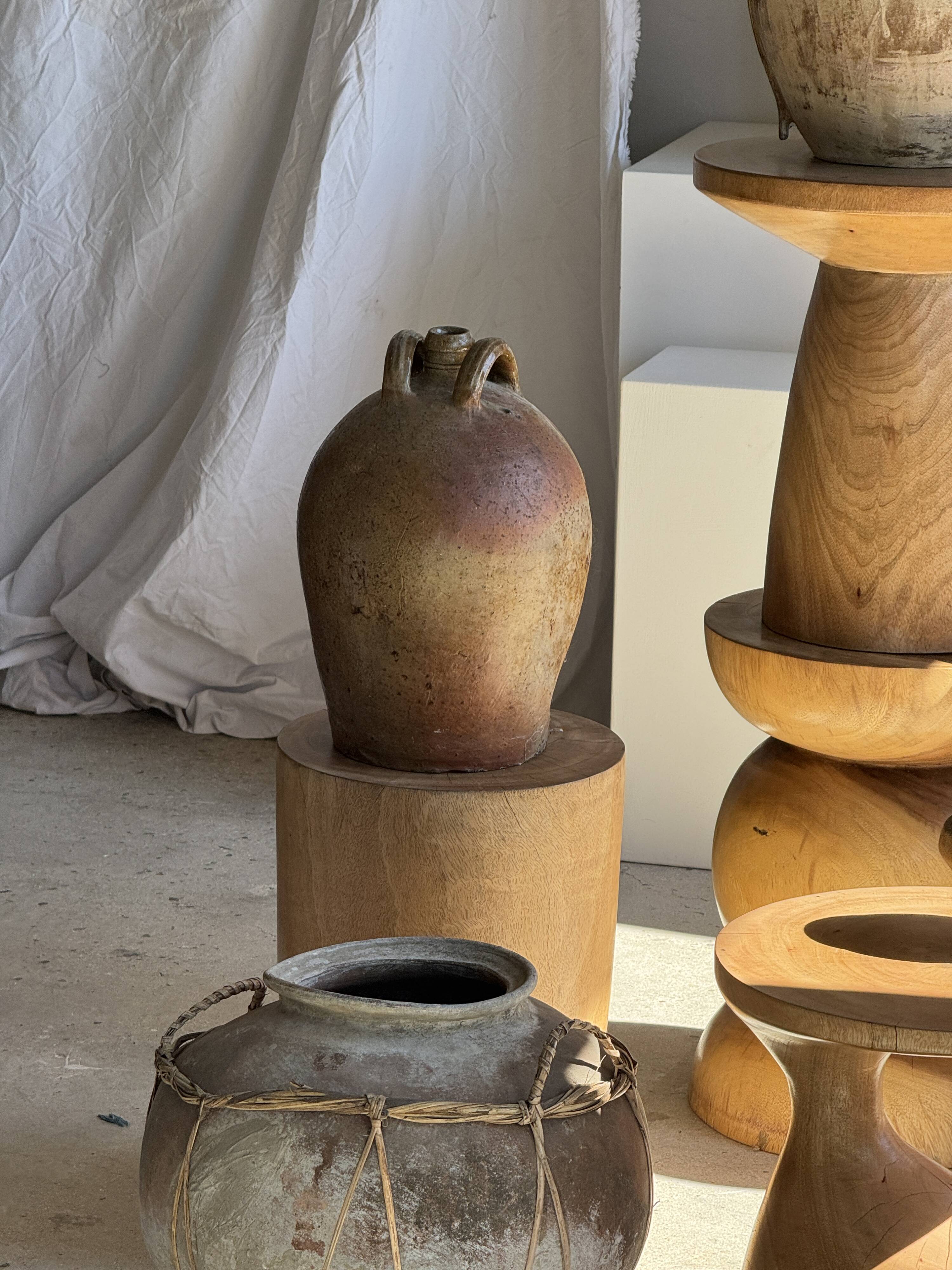 Stool, side table, cylindrical solid mango wood end table.