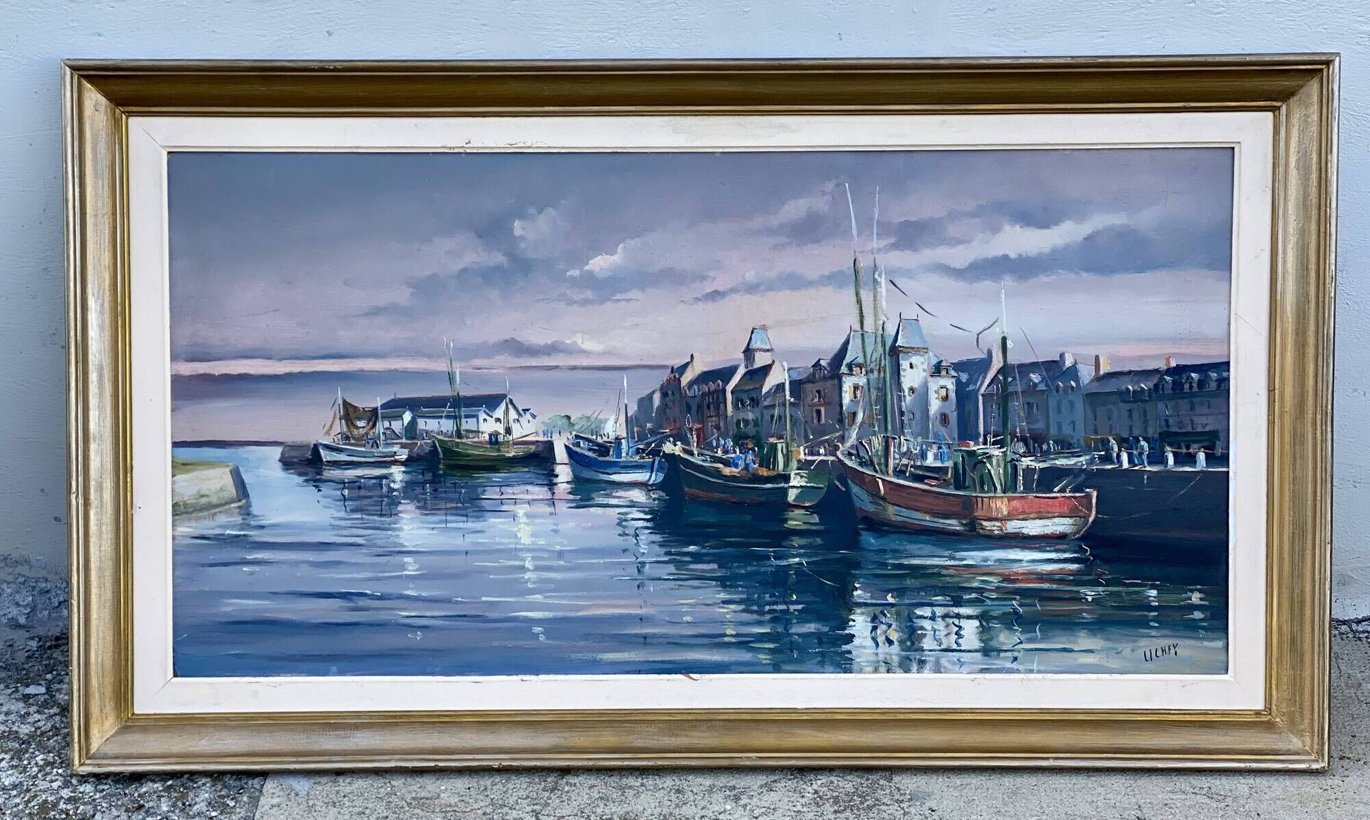 Tableau by René HUCHET, boats in the port of Le Croisic (Brittany) vintage 1950.