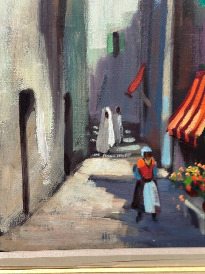 Original Swedish Oil on Canvas – “In the Street” by Unknown Artist – Vintage & Framed