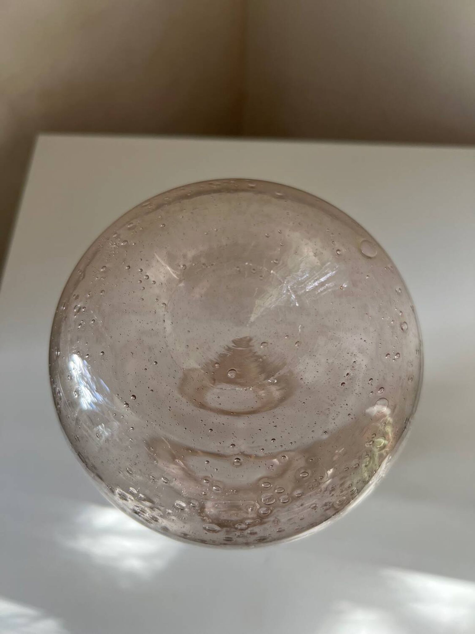 Biot water or wine carafe, pink bubble glass
