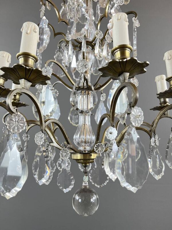 Lustre en bronze, laiton et cristal, début XXe siècle