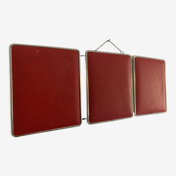 Miroir vintage 1960 triptyque barbier rouge brique  - 30 x 77 cm