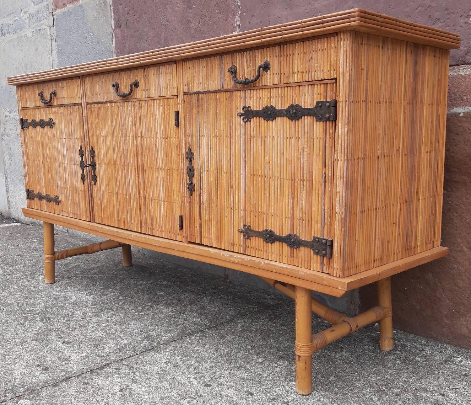 Console table in rattan and bamboo, (Attributed to Audoux-Minet)