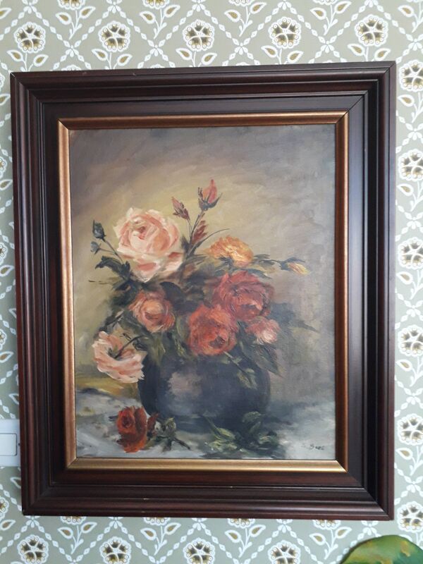Tableau ancien à l'huile représentant un bouquet de roses