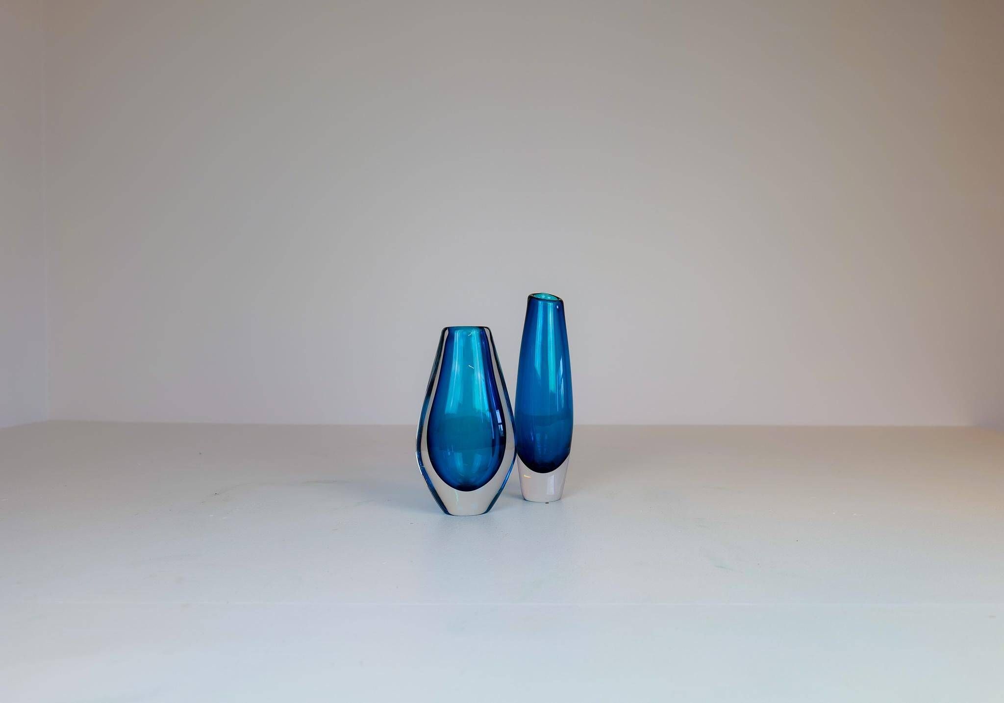 Pair of heavy crystal vases by Orrefors Mid-Century Modern by Sven Palmqvist, light blue.
