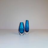 Pair of heavy crystal vases by Orrefors Mid-Century Modern by Sven Palmqvist, light blue.