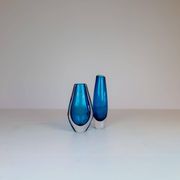 Pair of heavy crystal vases by Orrefors Mid-Century Modern by Sven Palmqvist, light blue.
