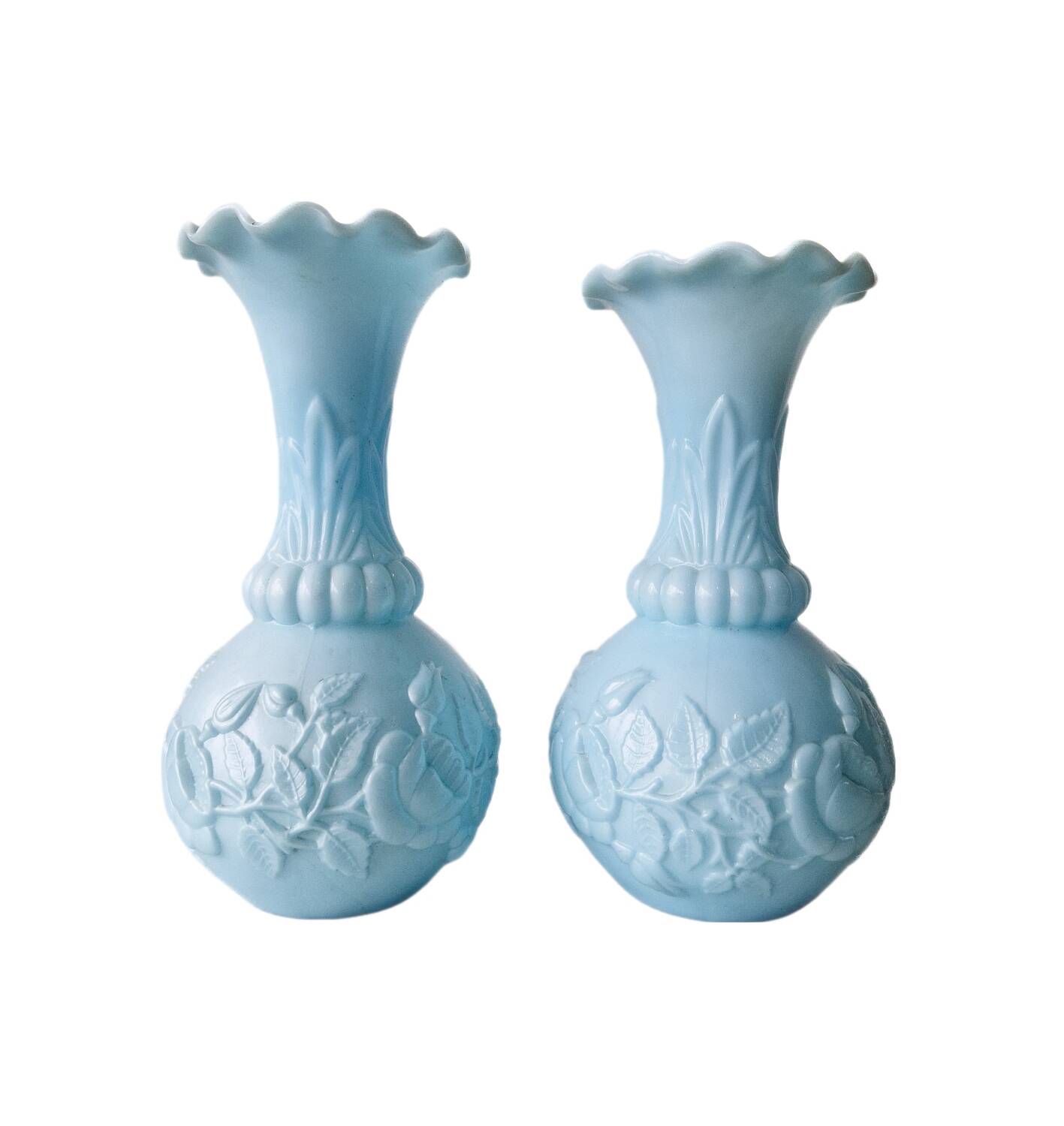 Pair of blue opaline vases from Vallérysthal Portieux decorated with roses