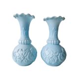 Pair of blue opaline vases from Vallérysthal Portieux decorated with roses