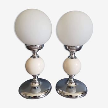 pair of lamps ball matte white opaline and painted wood