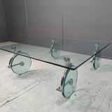 Vintage glass coffee table on wheels, 1980s - Italy