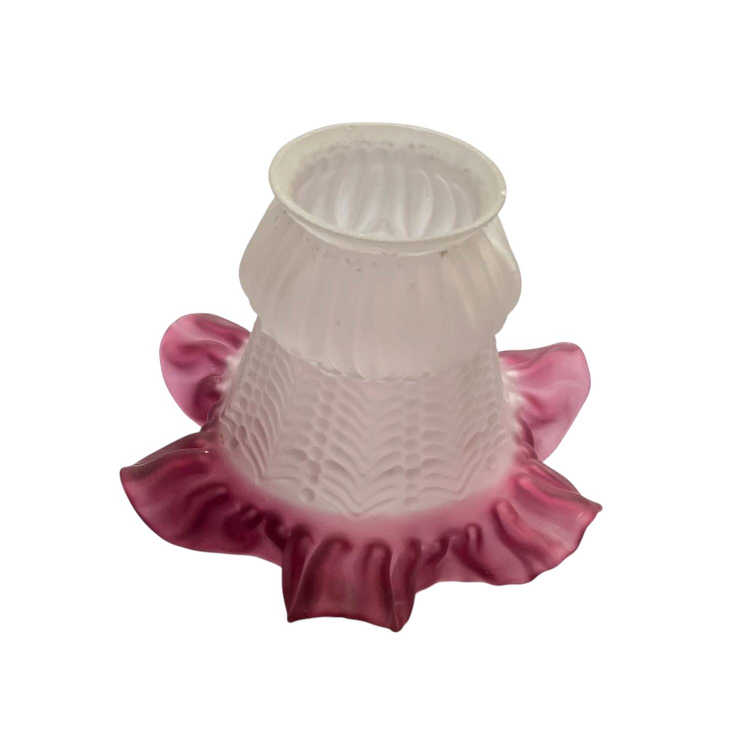 Antique tulip lampshade in transparent glass with a red rim.