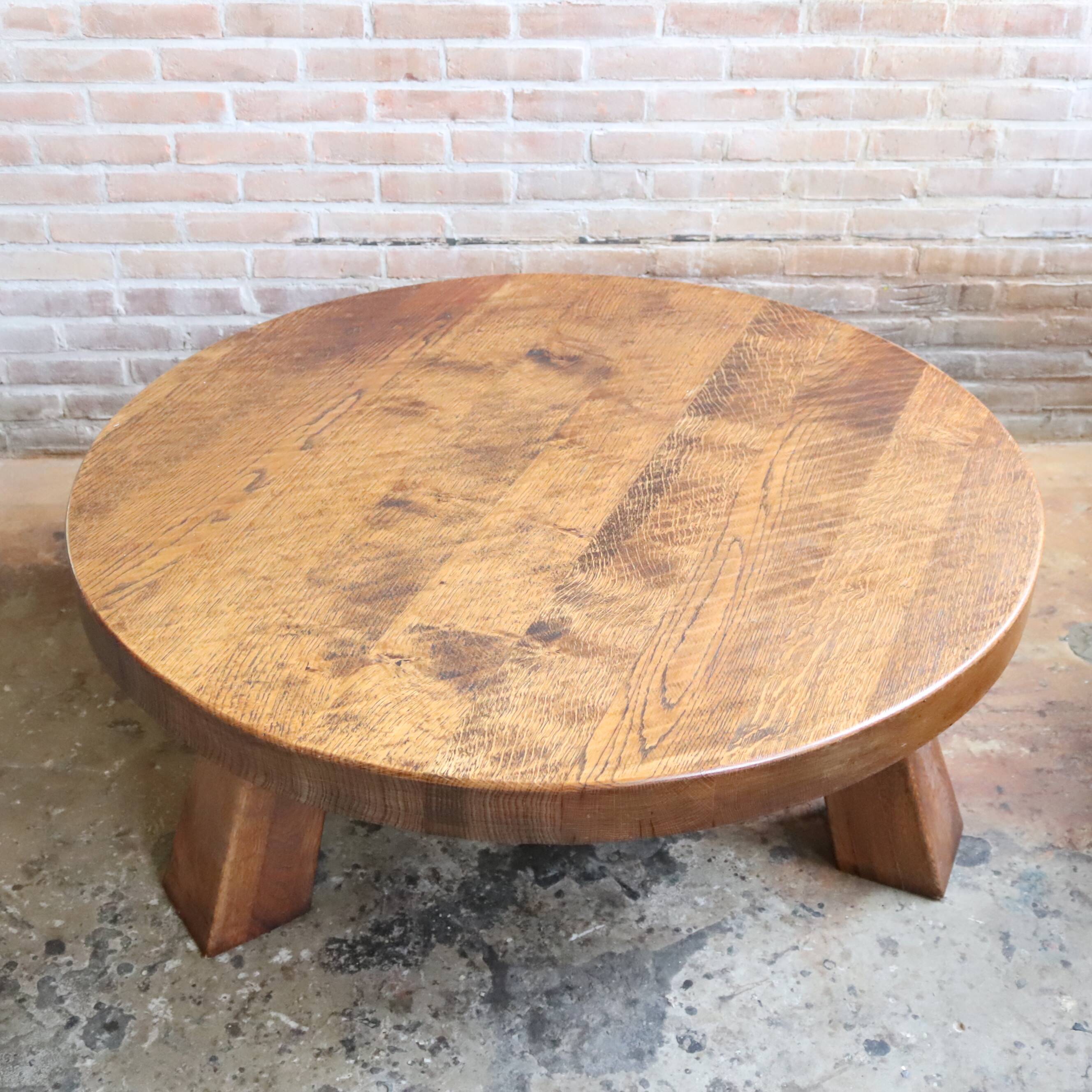 Vintage 1970s oak coffee table Brutalist Wabi-Sabi round