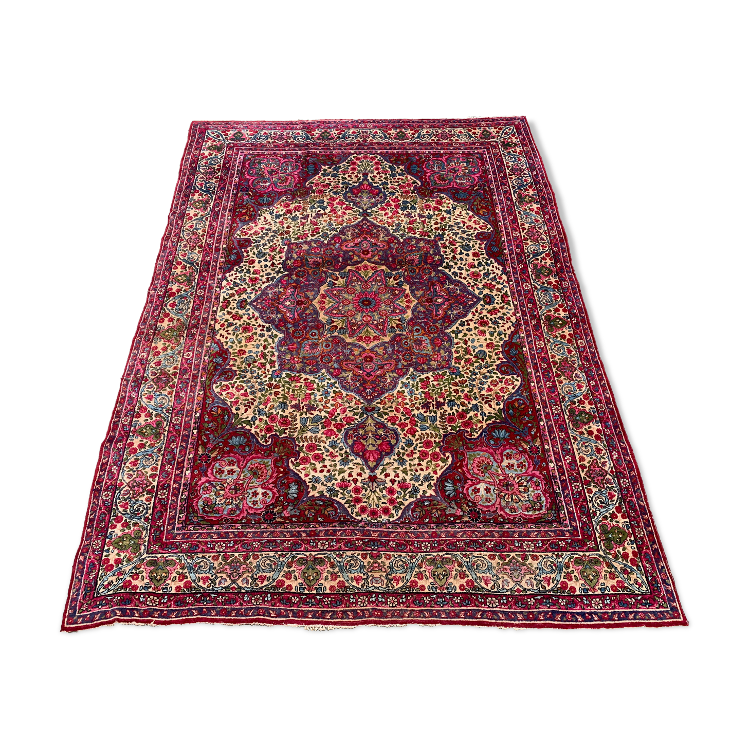 Antique tribal rug 332x240 cm wool oriental hand made carpet pink, purple, green