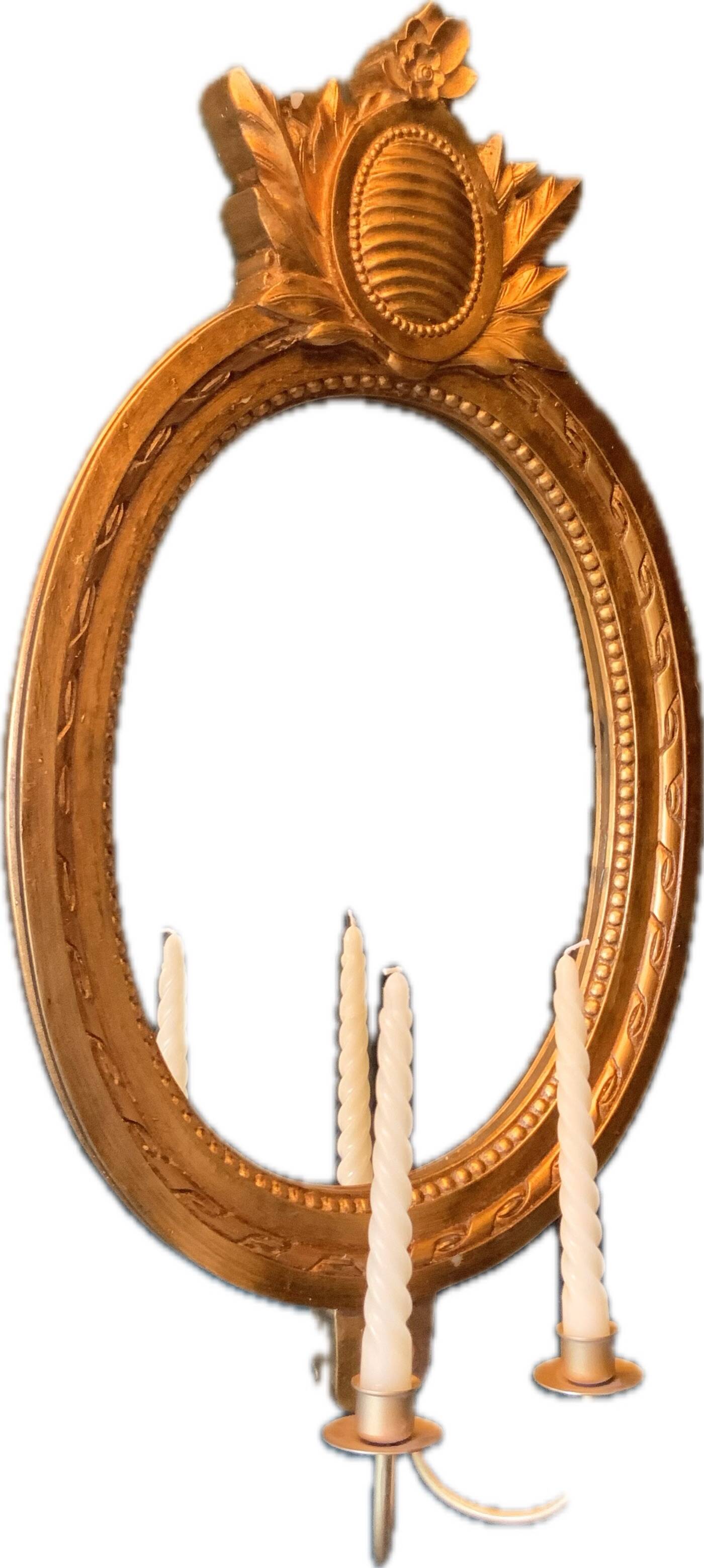 Vintage Swedish Rococo Style Wall Mirror in Gold frame with 2 candle sticks 50s