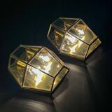 Hexagonal wall sconces in gilded brass and crystal, 1970s, set of 2.
