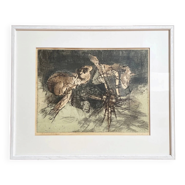 Dutch art print of a jumping frog, 1970, signed and numbered.
