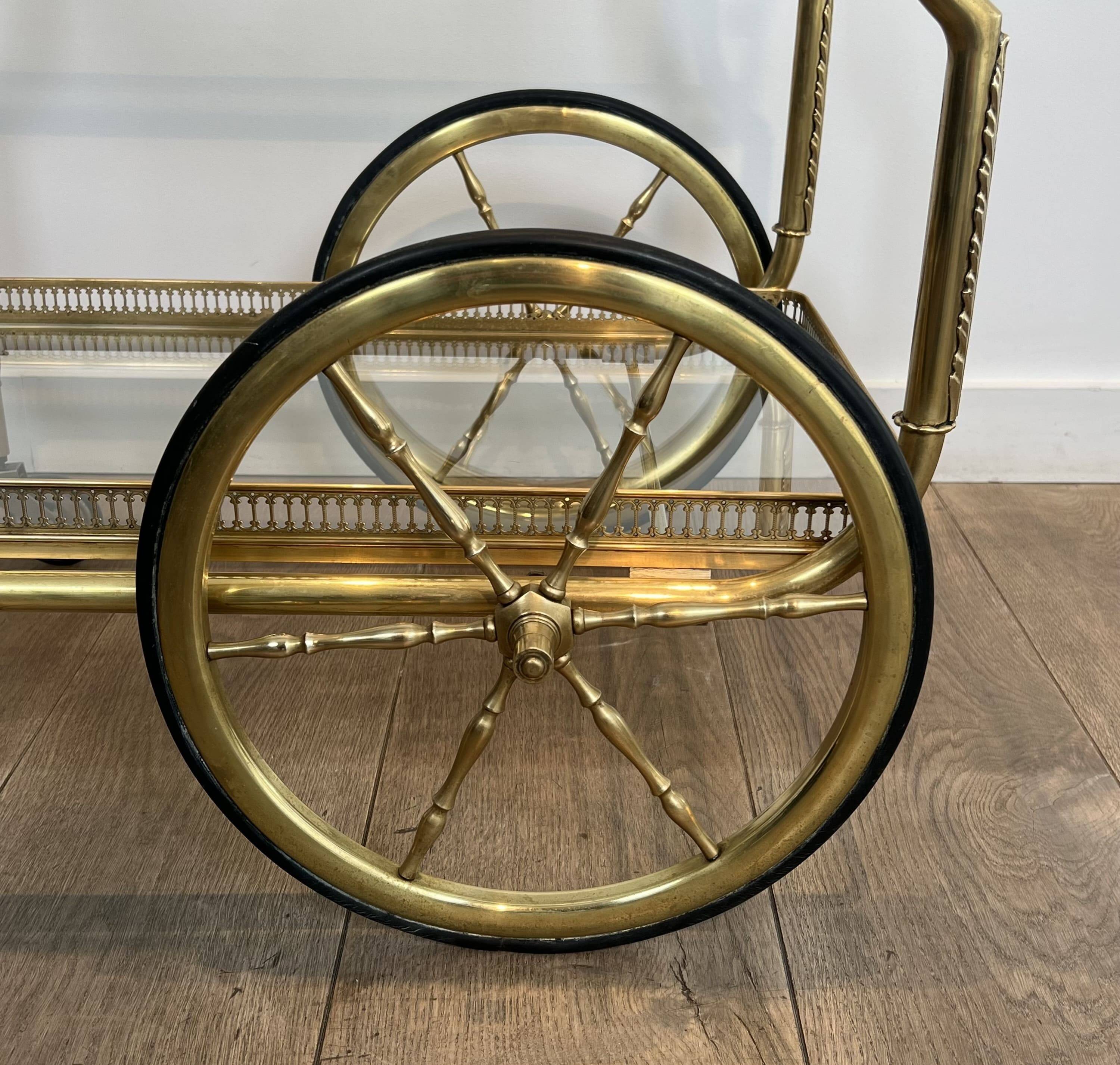 Rolling Table with Large Brass and Glass Wheels, Maison Jansen, Circa 1940
