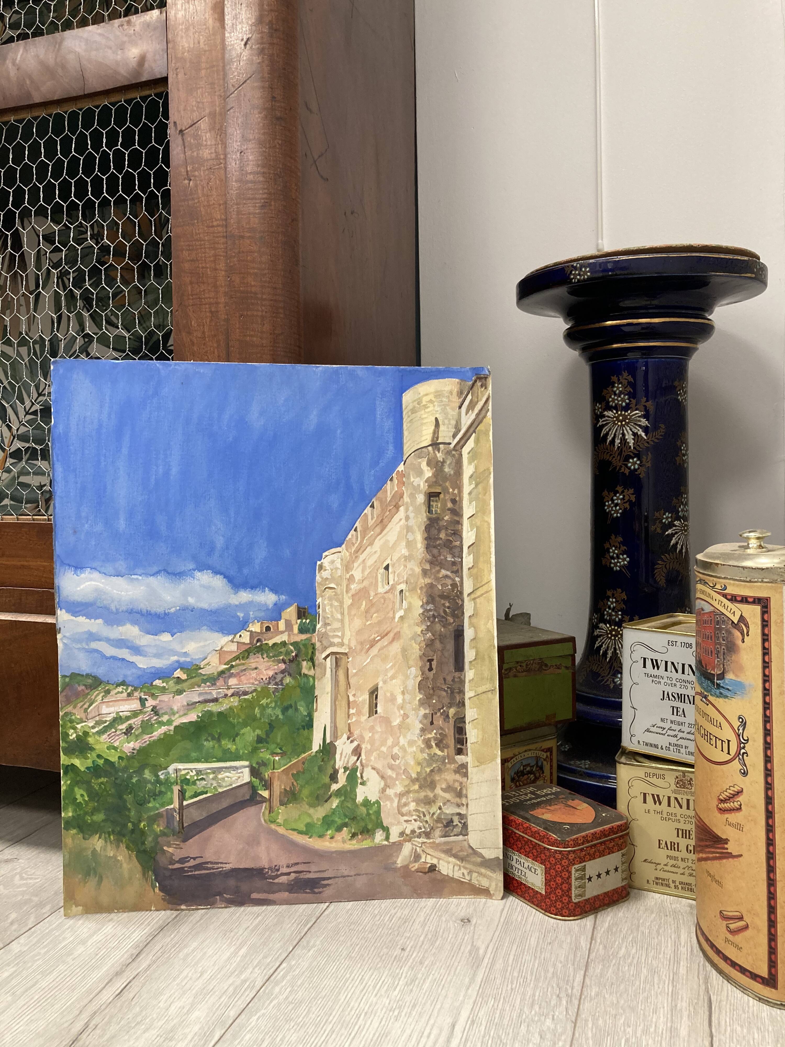 Watercolor Provencal landscape with fortified ramparts
