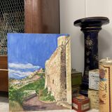 Watercolor Provencal landscape with fortified ramparts