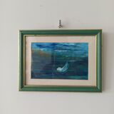 Peinture marine petit format signée en bas à droite. Encadrée, sous verre