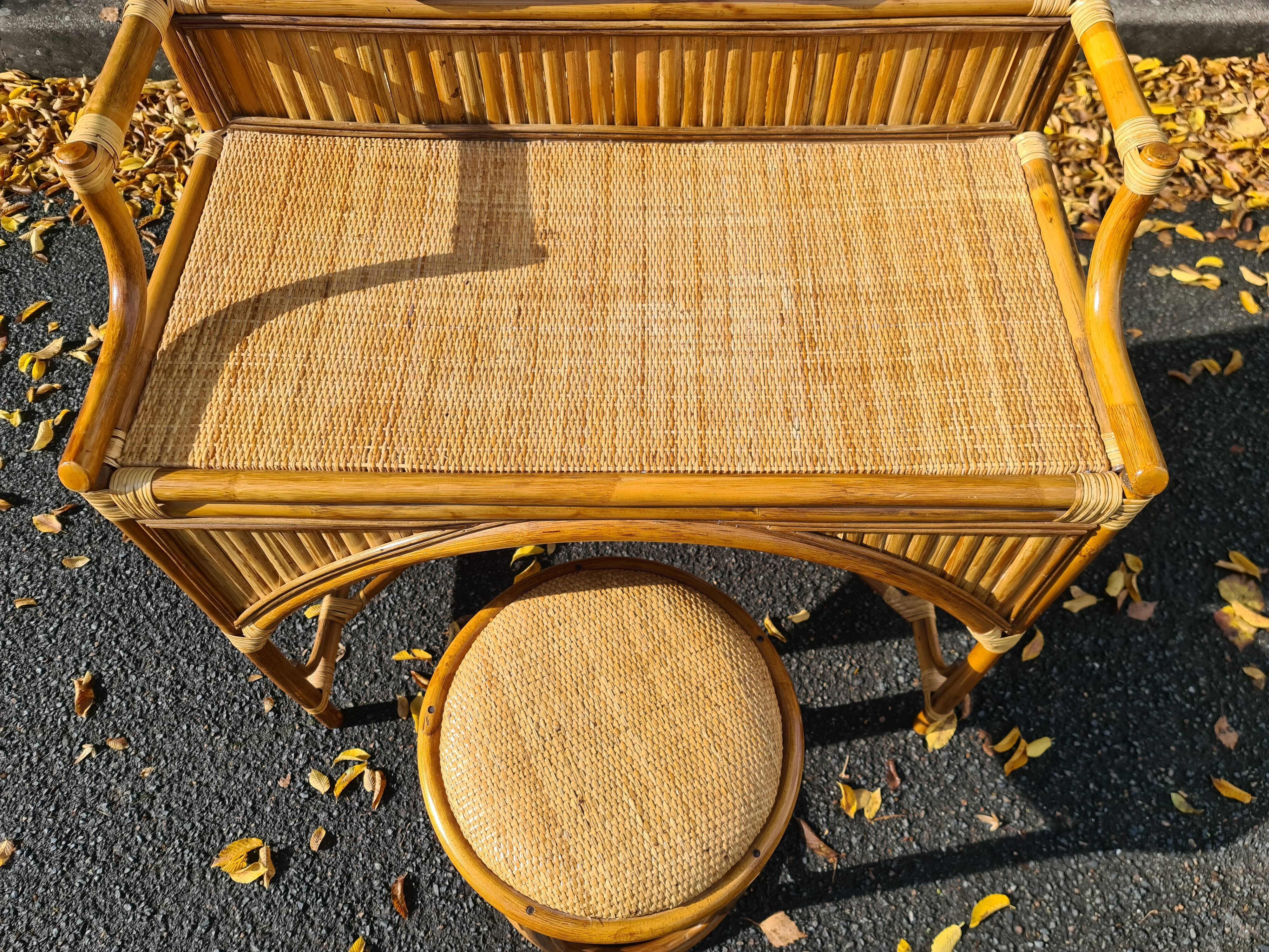 Dressing table / Mirror stool rattan bamboo Vintage 1970