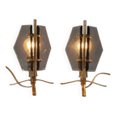 Pair of Fontana Arte table lamps designed by Gino Paroldo, brass and smoked glass, 1960.