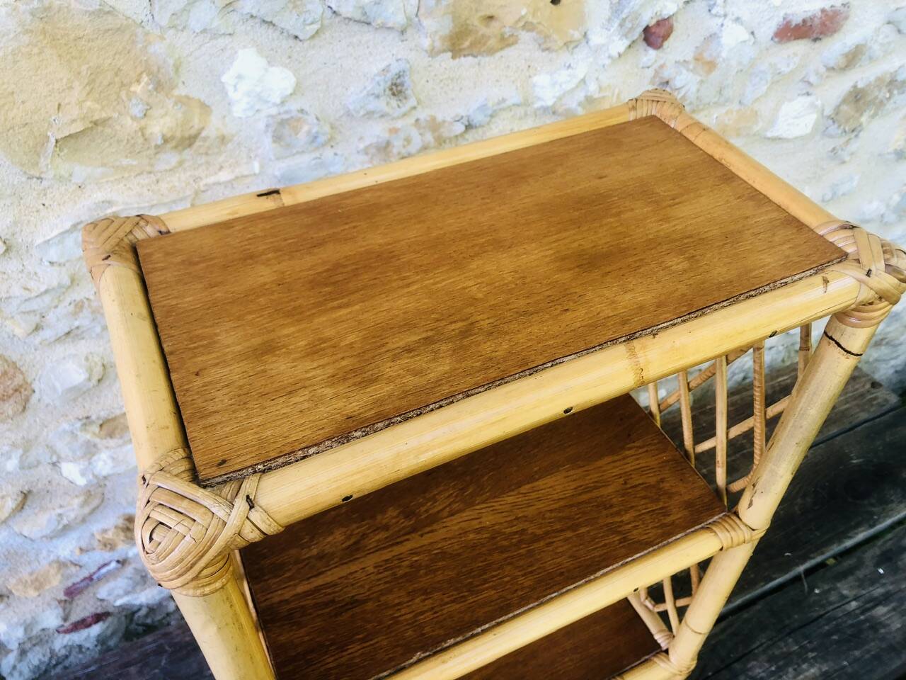 Wall shelf blond wood, bamboo, vintage rattan